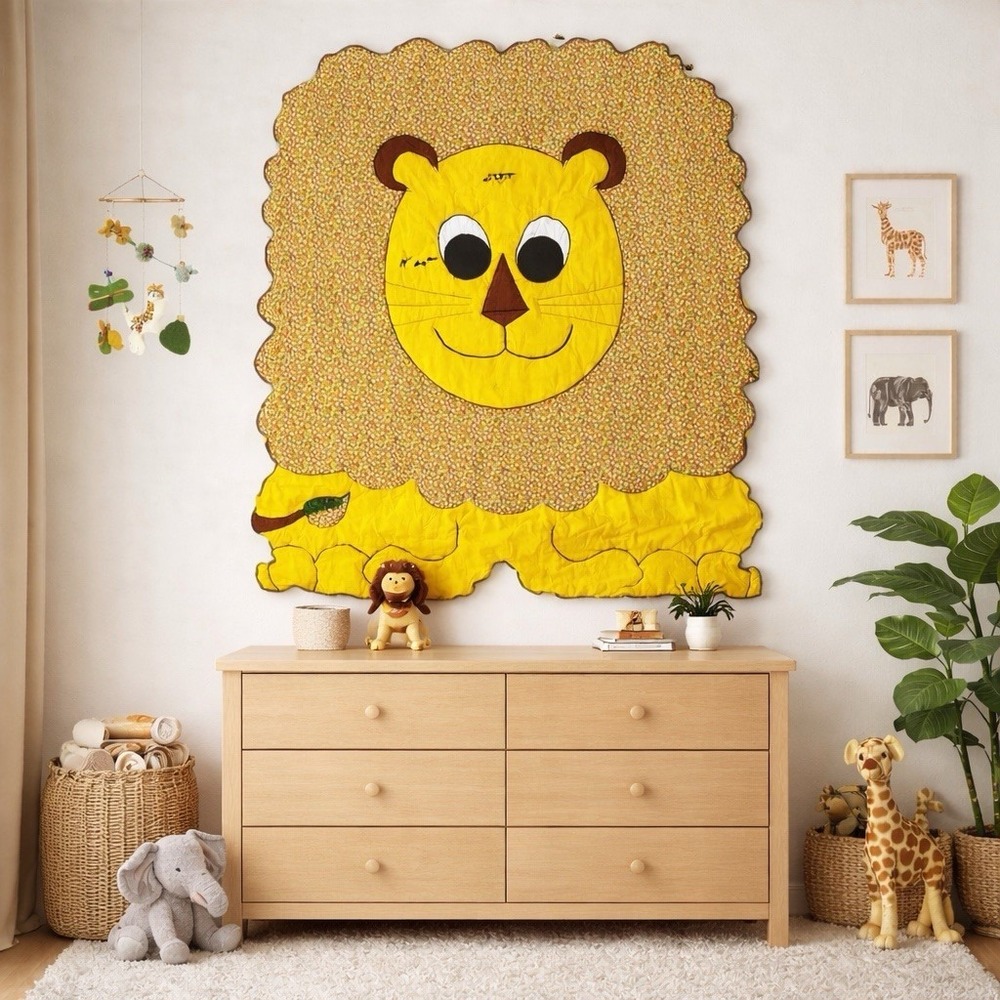 VTG 70s Lion Baby Quilt Blanket Nursery Retro Floral Yellow LRG 48x39 Handmade